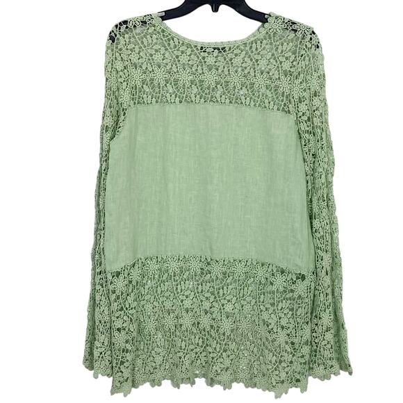 NWOT PIAZZA DEL TEMPIO Top M ITALY Linen Green Floral Crochet Long-Sleeve - Picture 1 of 6